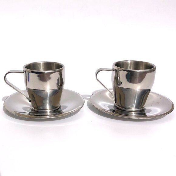 Breville Cafe Roma Stainless Insulated Espresso Cups and Saucers set of 2 coffee - Picture 2 of 7